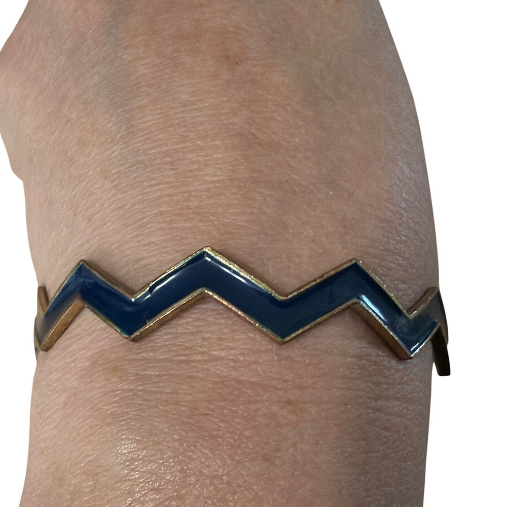 Navy‎ Blue Enamel Gold Tone Zig Zag Chevron Bangle Bracelet Modern Gift